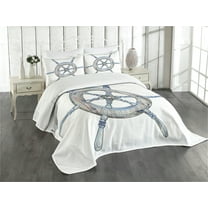 Ambesonne Nautical Quilted Bedspread Set 3 Pcs, Wooden Ship Wheel, Queen Size, Blue White