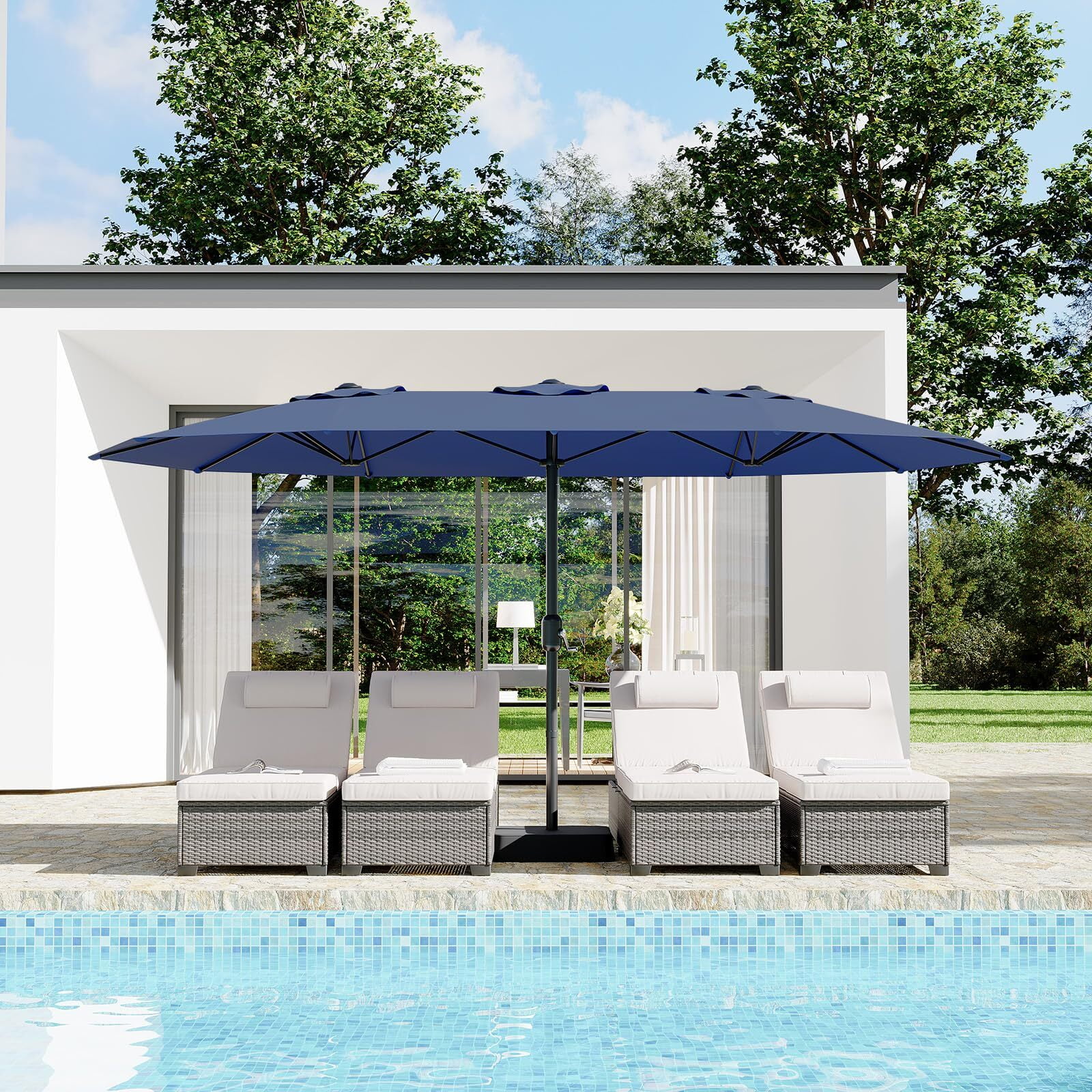 EuKer 15ft Outdoor Umbrella with Base, Large Patio Umbrella W/Crank Handle for Patio Tables, Poolside, Navy Blue