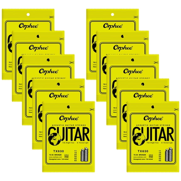 10 Packs Orphee TX630 Guitar Strings Acoustic Guitar Strings 6 Strings Set Hexagonal Carbon Core 75/25 Bronze Light 11-52