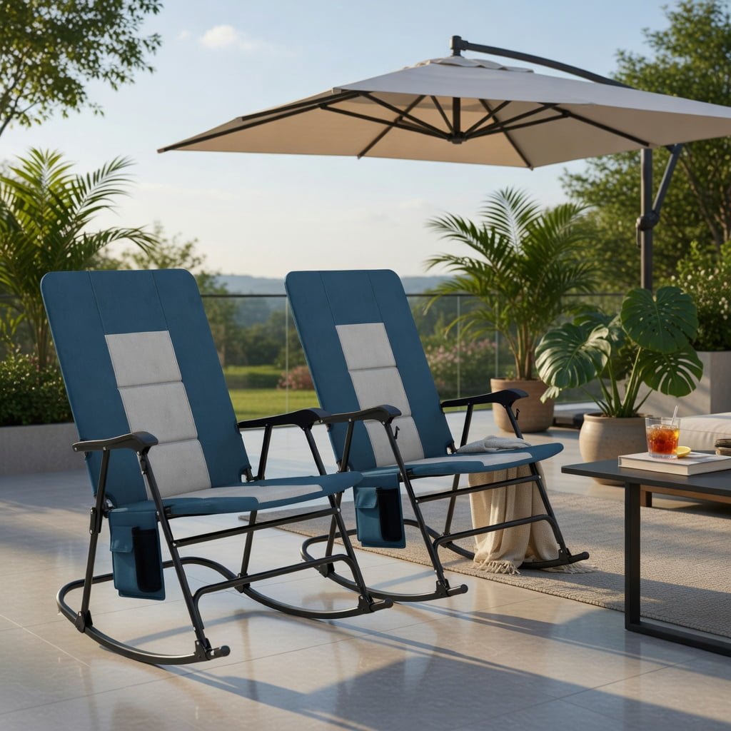 Hommoo Premium Foldable Rocking Camping Chair with Padded Backrest, Armrests, Cup Holder & Side Pocket, Outdoor Patio Chair, Navy
