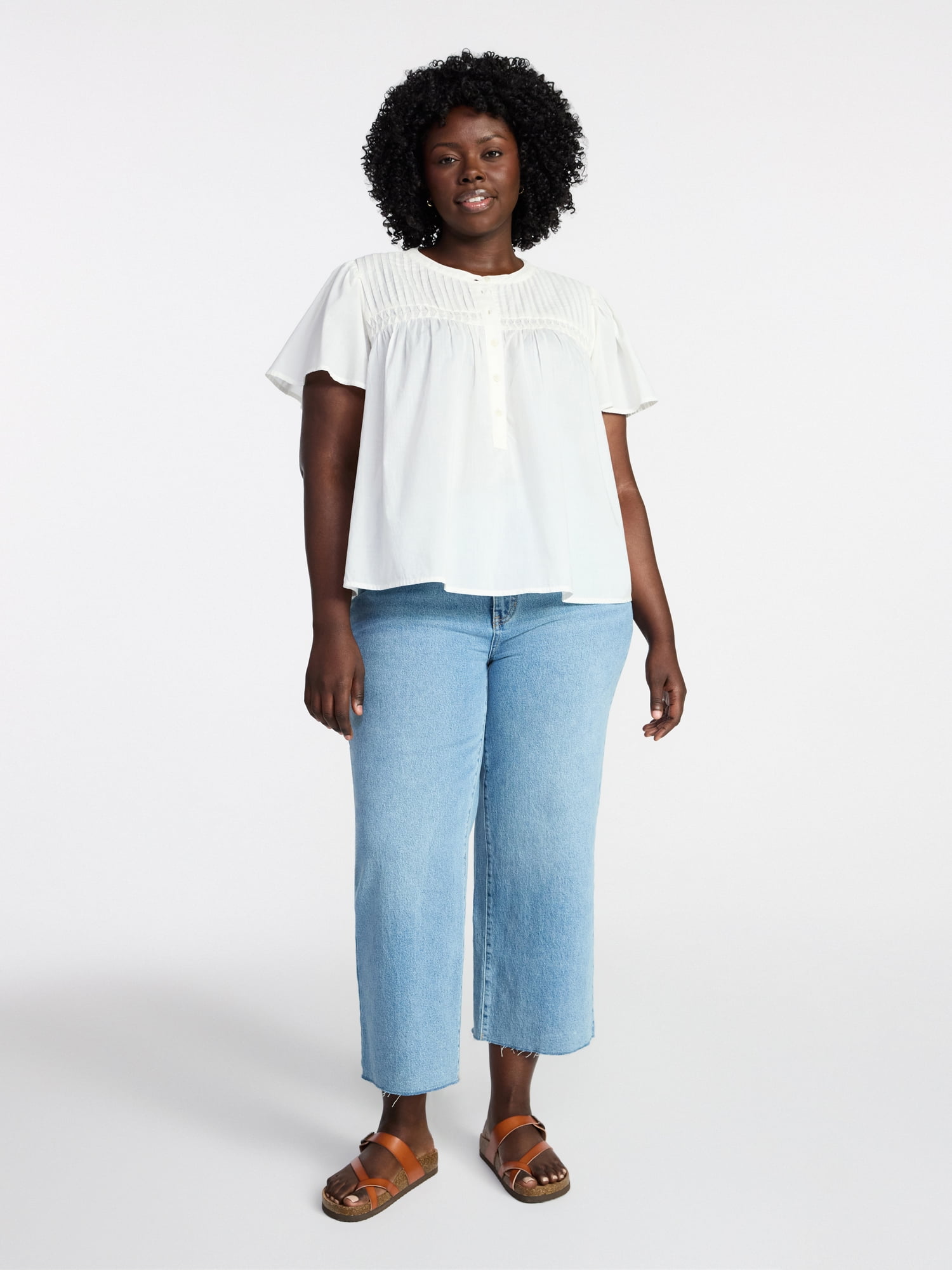 Terra & Sky Women’s Pleated Yoke Top with Short Flutter Sleeves, Sizes 0X-5X