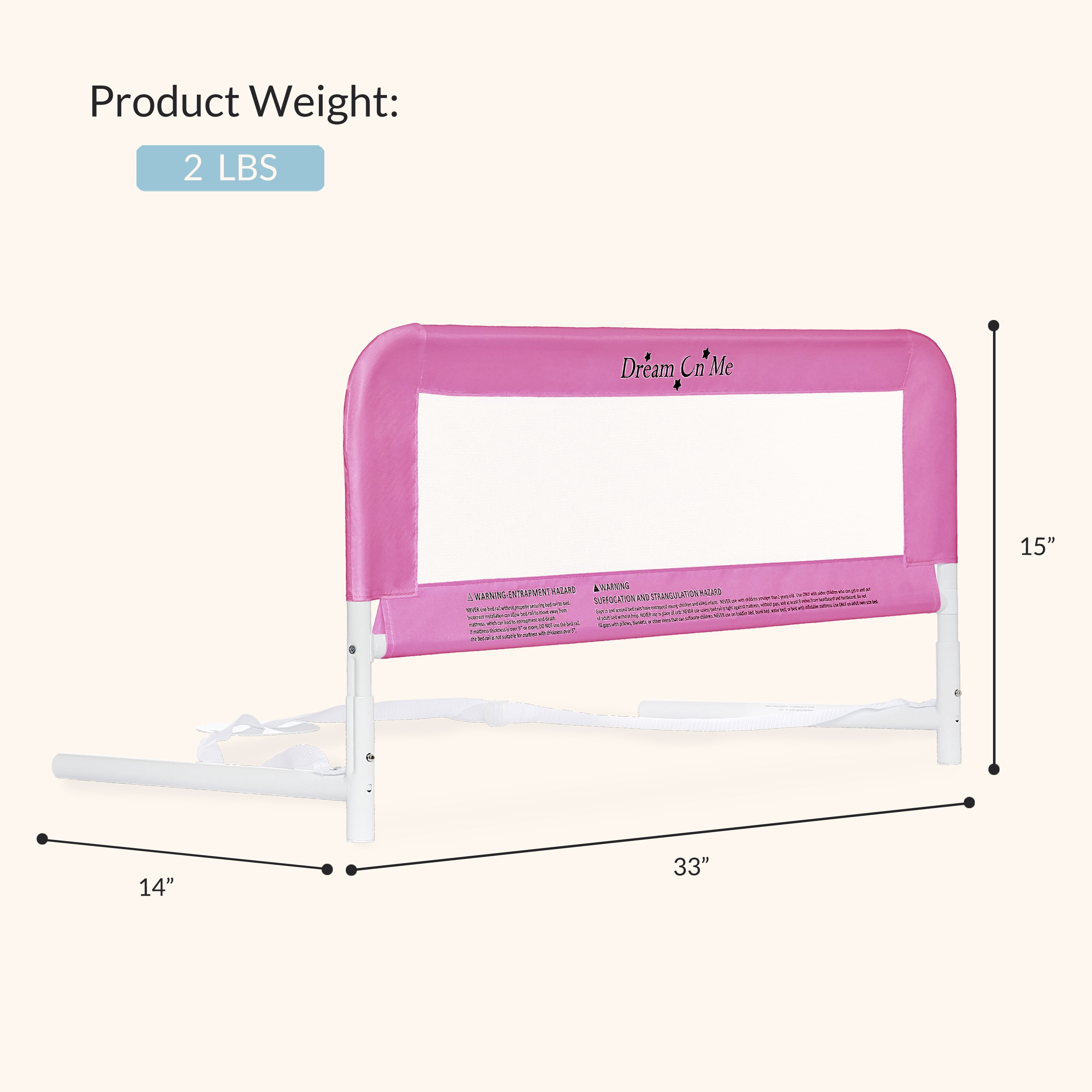 Lightweight Mesh Security Adjustable Bed Rail with Breathable Mesh Fabric in Light Pink - 33'L X 14" W X 23" H