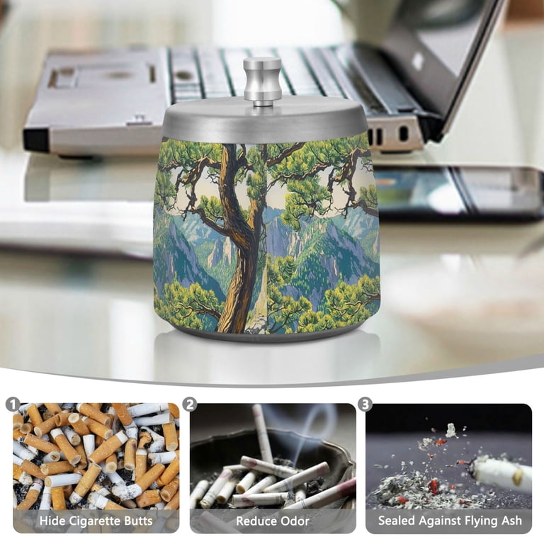 cigarette stub holder Yayeee Ashtray with Lid for Cigarette Smokeless Stainless Steel Home Ash  Holder, Pine Tree