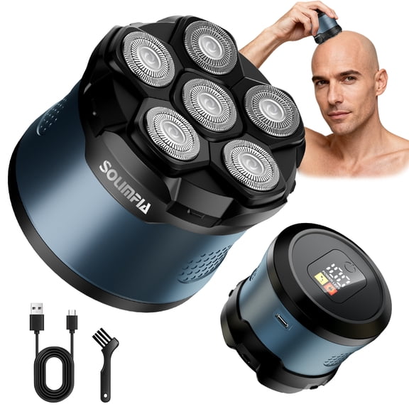 HATTEKER HT-965 Head Shaver, 6D Floating Magnetic Head Razor for Bald Men, IPX7 , LED Display, Type-C Fast Charging, Cordless , Dry & Wet Shaving Blue