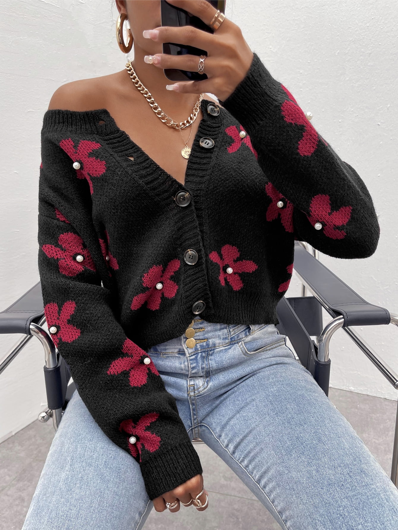 floral drop shoulder cardigan