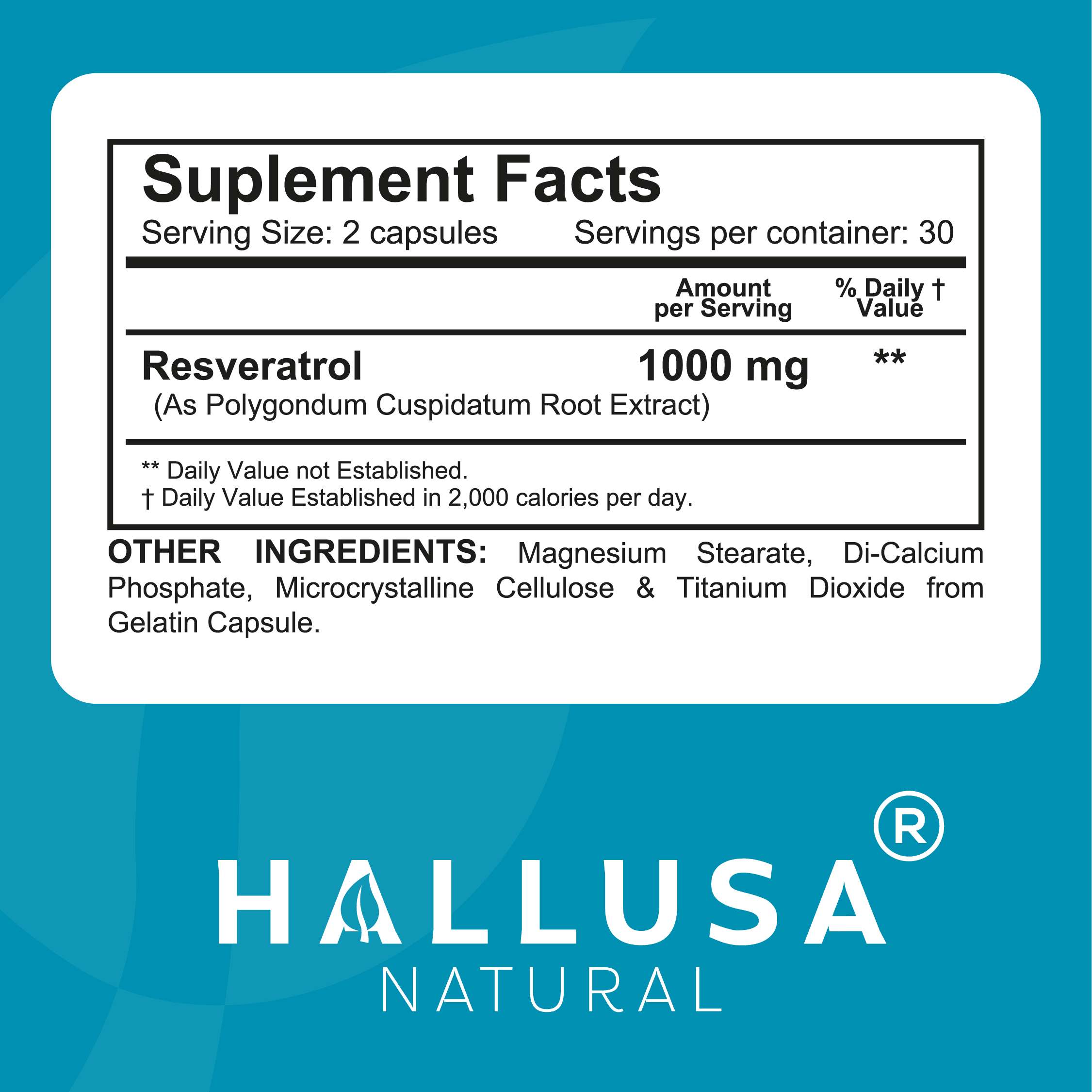 HALLUSA NATURAL Resveratrol Supplement, 1000mg, 60 Capsules, Non-GMO, Polyphenol Powder
