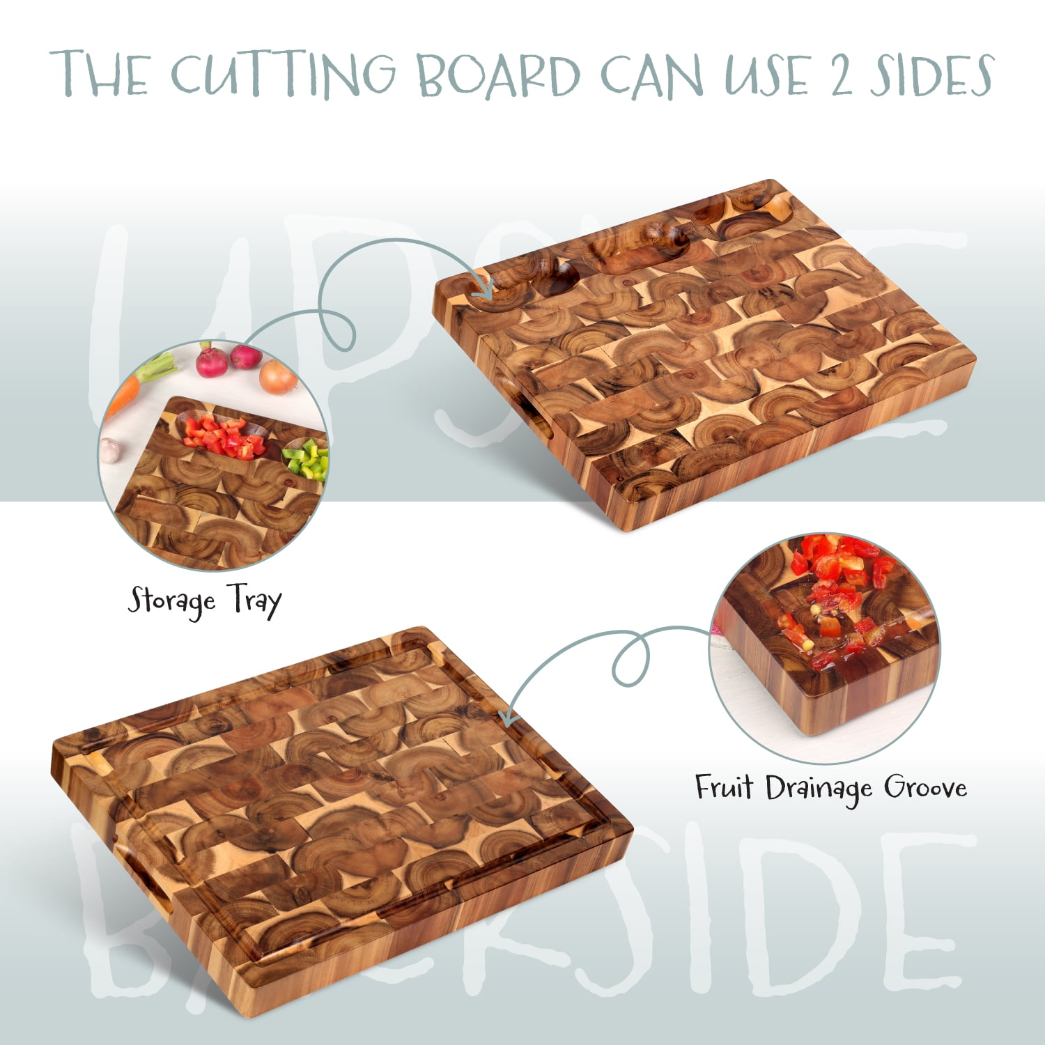 Cutting Board (17x13x15in) End Grain Cutting Board, Acacia Wooden Cutting Board, Butcher Block, Chopping Board - Reversible Multipurpose For Kitchen with Juice Groove, Cracker Holder & Inner Handles