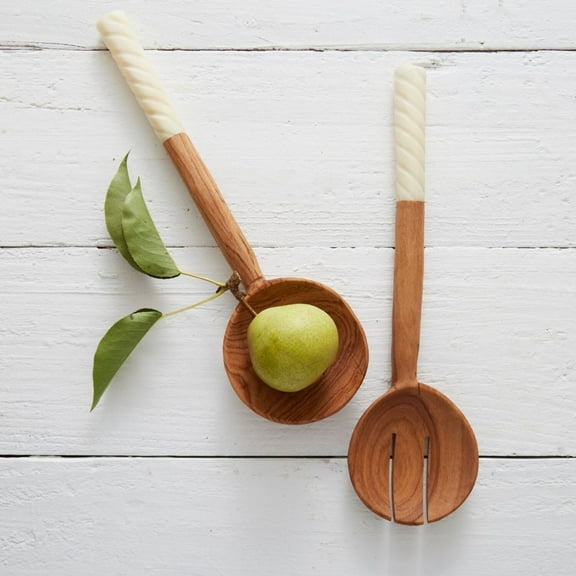 Tall Olive Wood Bone Salad Server Set