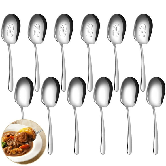 12PCS Large Serving Spoon Set, 6 Serving Spoons and 6 Slotted Spoons, 304 Stainless Steel Serving Utensils, Cooking Spoons, Buffet Spoons Set for Kitchens, Caterings, Parties