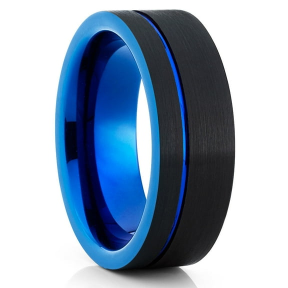Blue Tungsten Wedding Ring,Black Tungsten Ring,Engagement Ring,Offset Groove,Black Wedding Ring,8mm