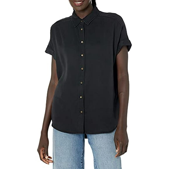 Daily Ritual Women's Tencel Oversized Short-Sleeve Button-Front Shirt, Black, Large