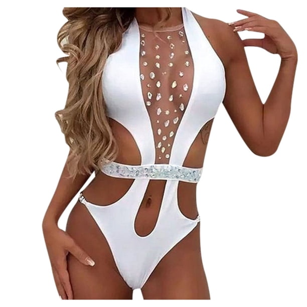 Gibobby Trajes de Natación para Mujer Traje de baño de una pieza de bikini con cuello en V profundo y vendaje sexy para mujer Traje de baño Traje de baño(Blanco,CH)