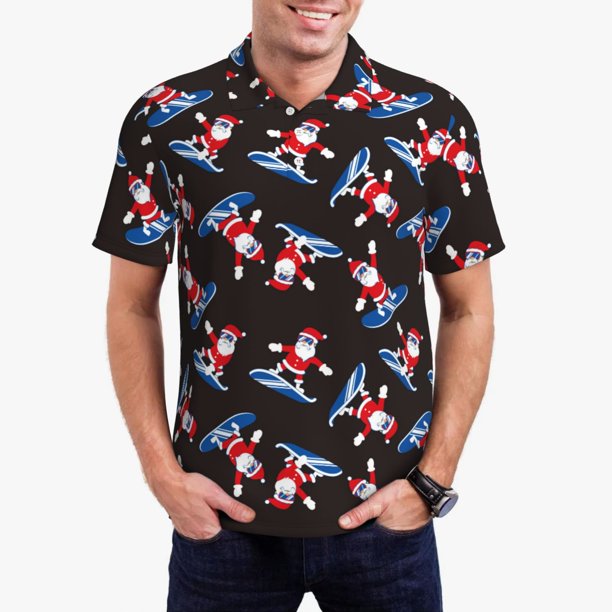 Balery Surfing Santa Camisa Polo de Hombre con Estampado, de Manga Corta y Tejido Medio, Camisa Tipo Golf Polo-XX-Large