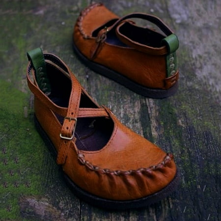 

Zpanxa Shoes for Women Pleated Buckle Low Top Flat Heel Shallow Round Toe Comfortable Shoes Brown Womens Shoes 40