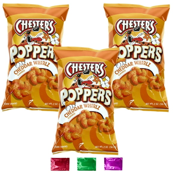 Chester's Poppers Cheddar Whirls, Cheese Flavored Swirlz Corn Snacks Chips, On the Go Snacking Movie Night Party Snacks 2 oz 3 Packs w/ Bonus Snoep in Beperkte Oplage