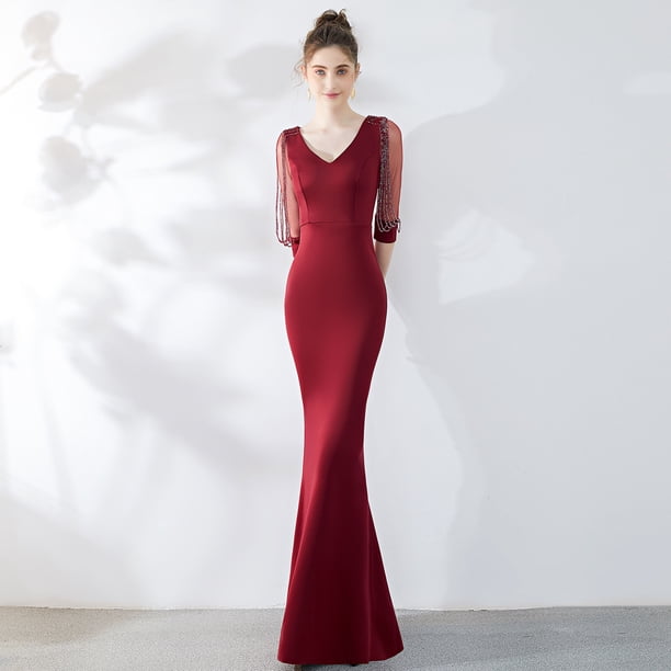 Vestido de moda para banquete, rojo, sexy, ajustado, con cola de pez, vestido de noche para boda para mujer