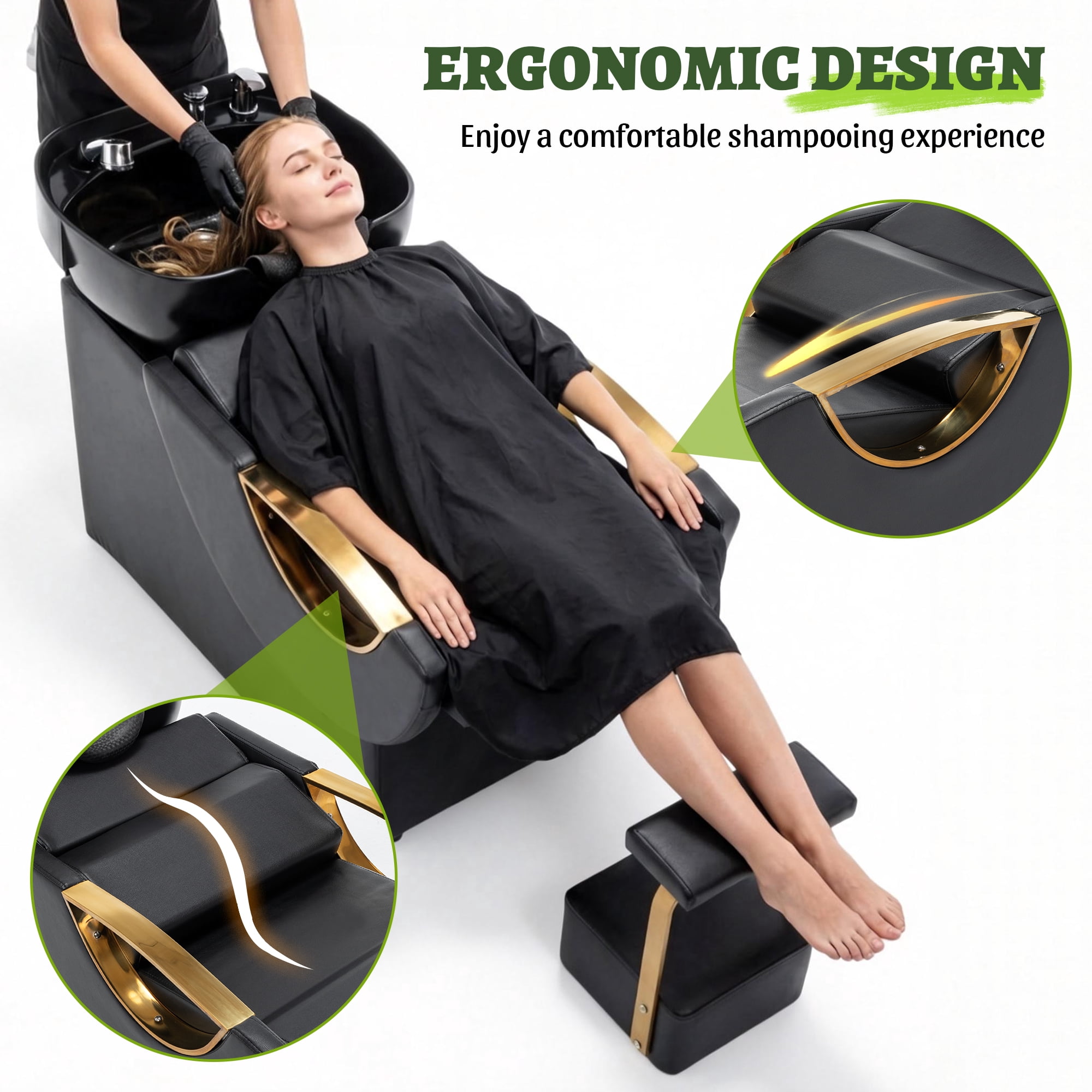 Miniyam 42.4" x 21.8" x 30" Shampoo Bowl & Chair Set with Footstool – Heavy Duty 300 lbs, Deep ABS Basin, Neck Rest, Black & Gold – for Salon Spa Barber