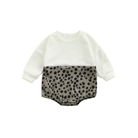 

Kiapeise Baby Girls Casual Long Sleeve Romper Leopard Stitching Round Neck Triangle Jumpsuits
