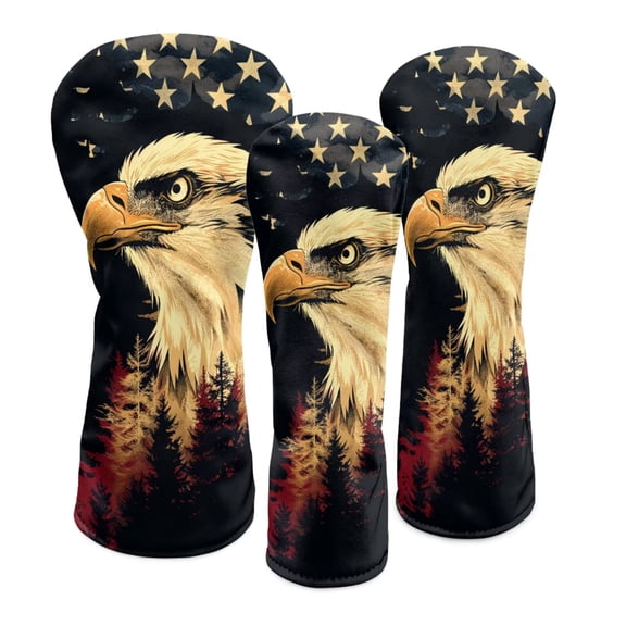 Uorisanigo Golf Club Head Covers 3 Pieces Bald Eagle American Flag Driver Fairway Wood Hybrid Cover Wood Head Cover Waterproof PU Leather Golf Accessories for Men