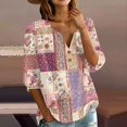 thumbnail image 2 of Women's Patchwork Floral 3/4 Sleeve Blouse - V-Neck Button Down Boho Tunic Top, Lightweight Casual Loose Fit Shirt for Spring Summer Dark Purple S, 2 of 6
