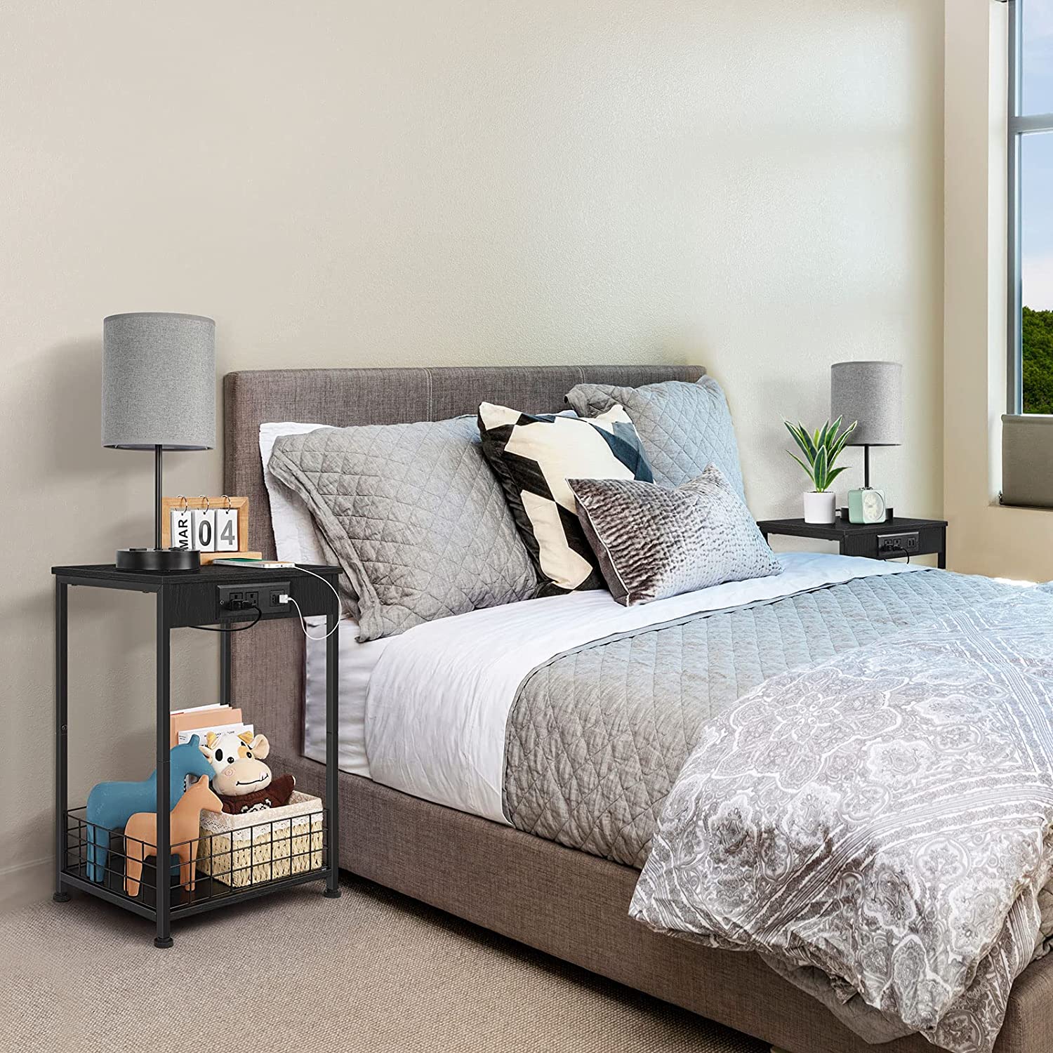 2 Tier Nightstands End Tables with Charging Station and Storage Basket Set of 2, Black