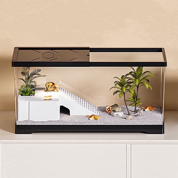 Turtle Fish Tank with Basking Platform and Bottom Drainage, 20" x 9.5" x 9.5" Aquatic Turtle Tank for Juvenile Turtle, Crayfish, Crabs, Amphibians, Reptiles, PC Material, Black Color