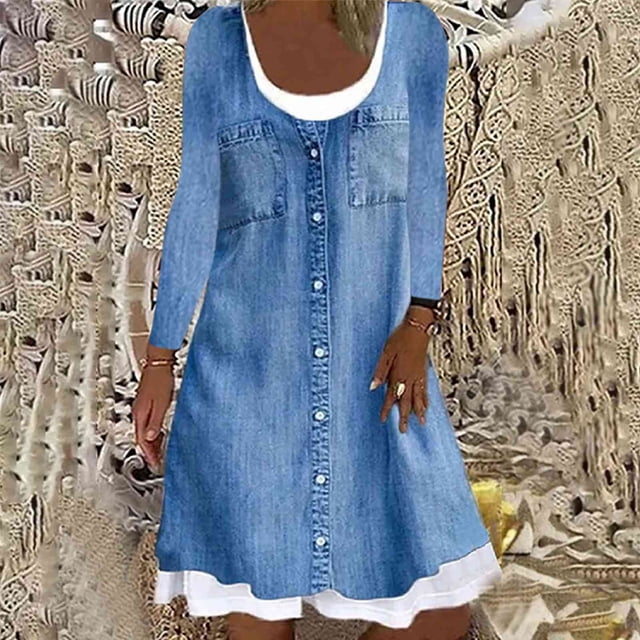 Vestido falso de dos piezas, transpirable, cómodo, a la moda, para mujer, cuello redondo, largo hasta la rodilla para ir de compras al trabajo,vestido de cuello redondo para mujer