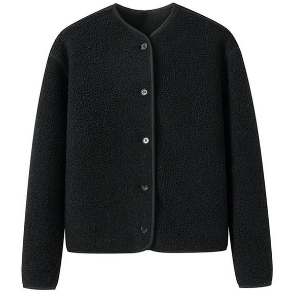 Wuxian Women'S Jacket Button Down Long Sleeve Fuzzy Wool Coat Casual Round Neck Open Front Cardigan Winter Thick Warm Outerwear,Black,L