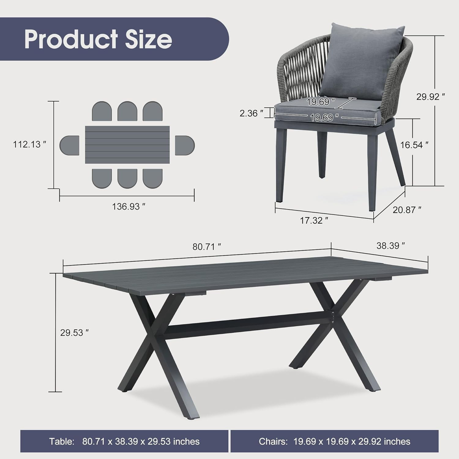 PURPLE LEAF 9 Pieces Patio Dining Set, Rectangular Aluminum Outdoor Table and 8 Wicker Chairs with Cushions for Garden Kitchen and Porch, Grey