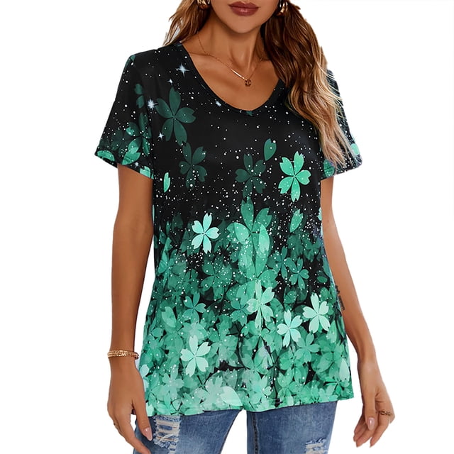 Camiseta de verano para mujer, pantalón corto informal, manga corta, Color degradado, estampado Floral, cuello en V, camiseta para mujer