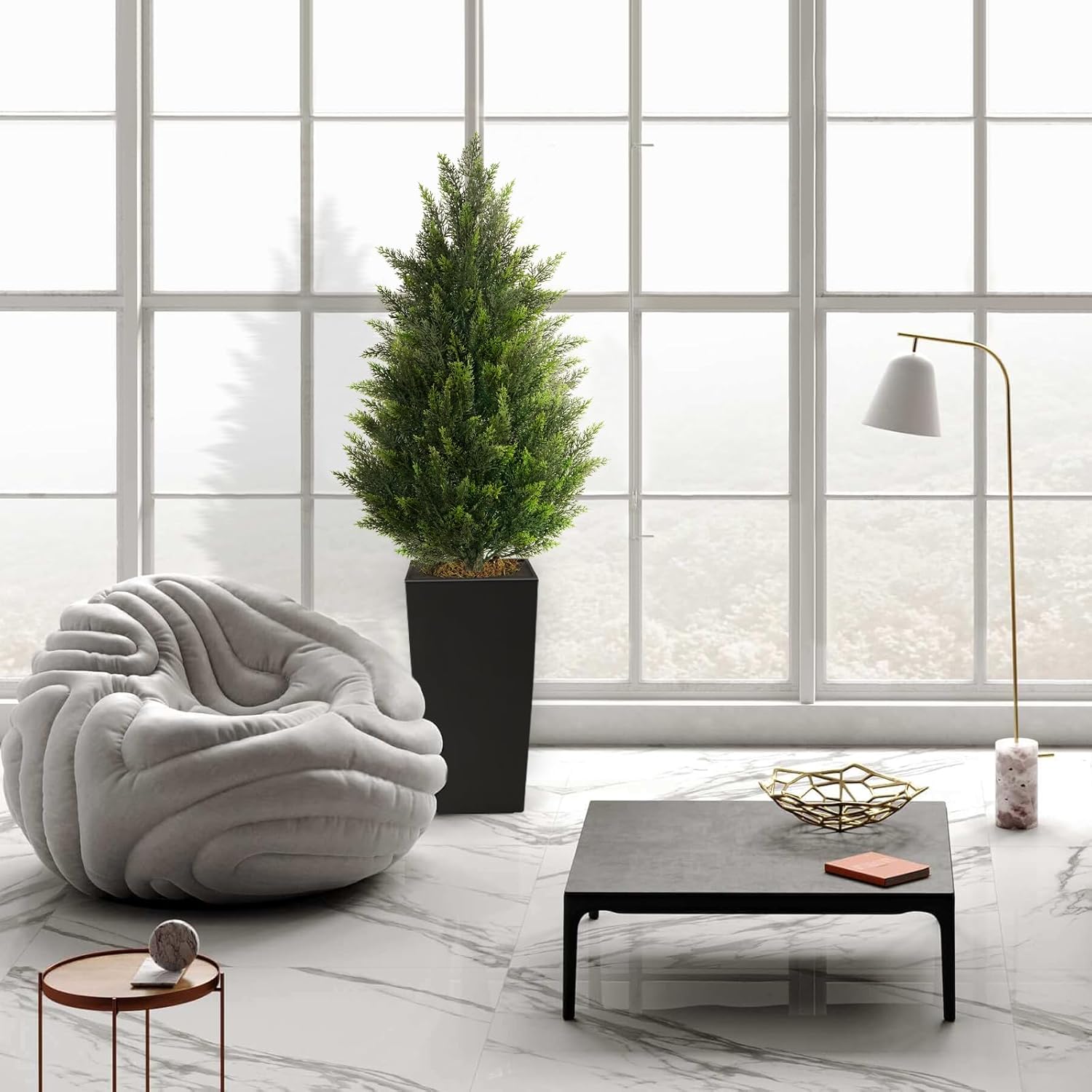 4FT Tall 2 Set Artificial Topiary Cedar Tree, Indoor Realistic Faux Cypress Plants with Square Flowerpot, Outdoor Evergreen Fake Shrubs for Home Living Room Front Porch Decor