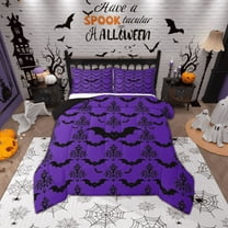 Manfei Halloween Bat Full Size Comforter Sets,Vintage Antique Damask Bedding Comforter Set,Purple Black Bedding Sets For Children,Microfiber Bedroom Decor Reversible,3 Pieces