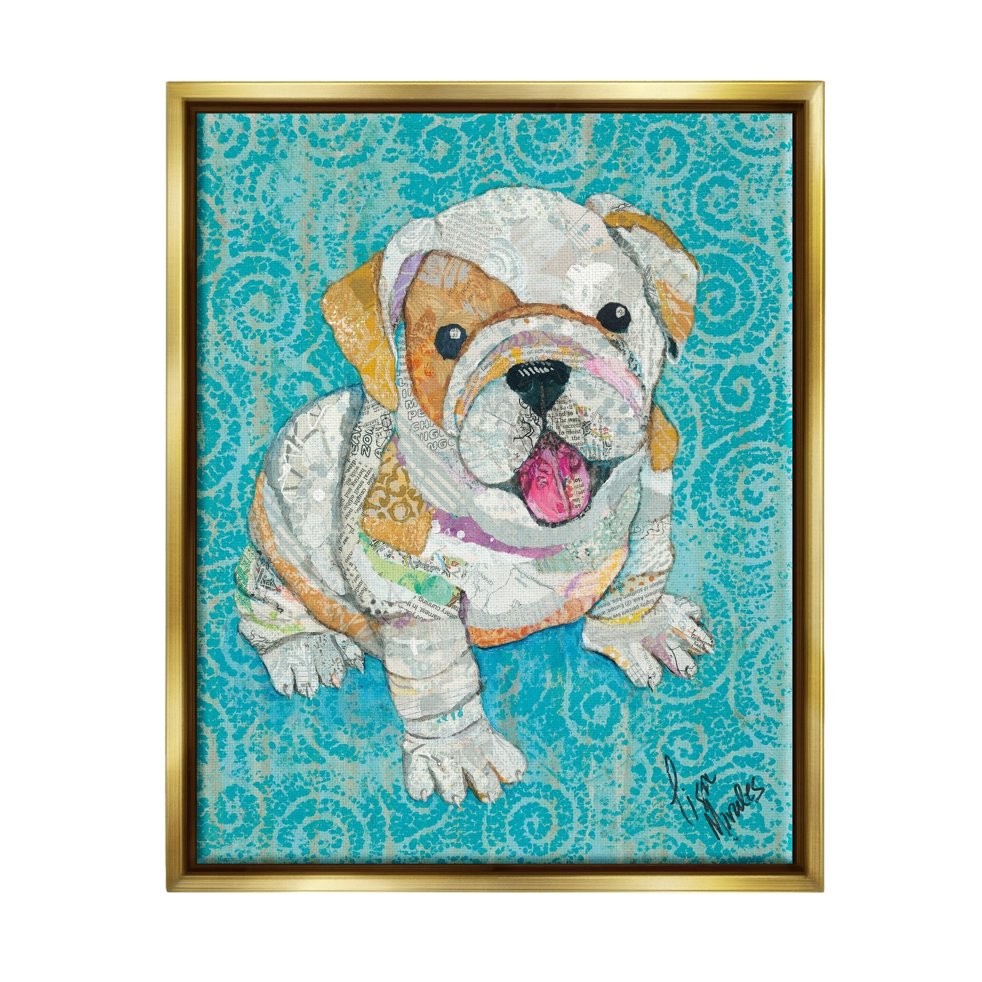 Stupell Industries Puppy Dog Swirl Pattern Mixed Ephemera Collage Painting Metallic Gold Floating Framed Canvas Print Wall Art, Design by Lisa Morales