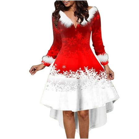 

Honeeladyy Women Long Sleeve Christmas Printed Furry V-Neck Draw Back Swing Party Dress Red Sales
