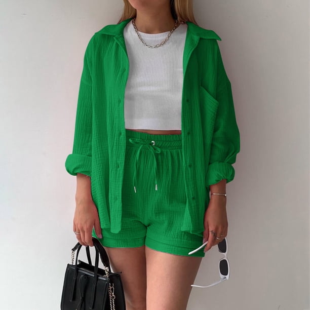 MKLEKYY Conjunto De Camiseta De Manga Larga Lisa Para Mujer, Pantalones Cortos Con Cordón Y Cintura Alta, Informal, Sin Mangas