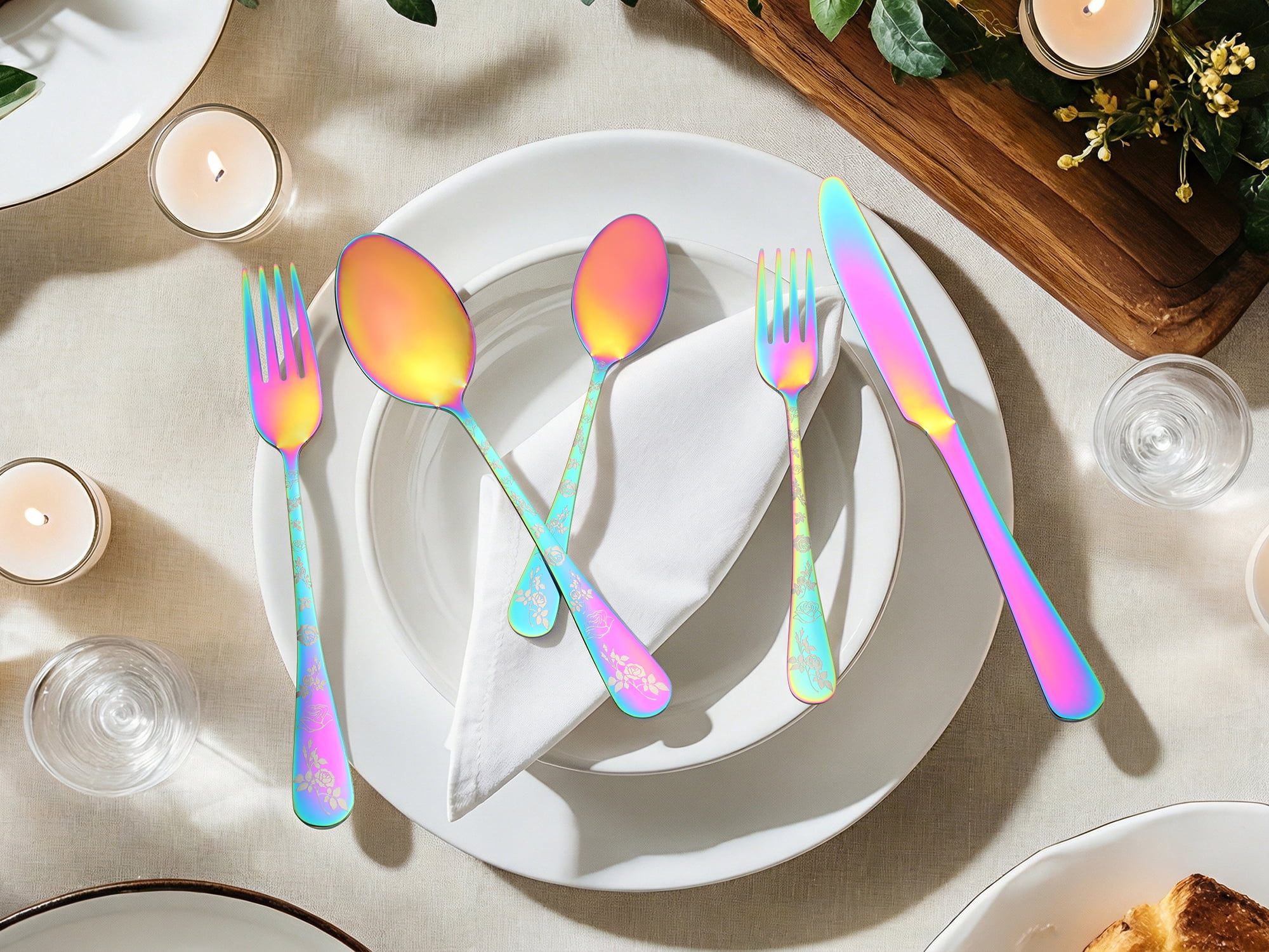 Unique Bargains Stainless Steel Flatware Set for Daily Use Colorful 20pcs