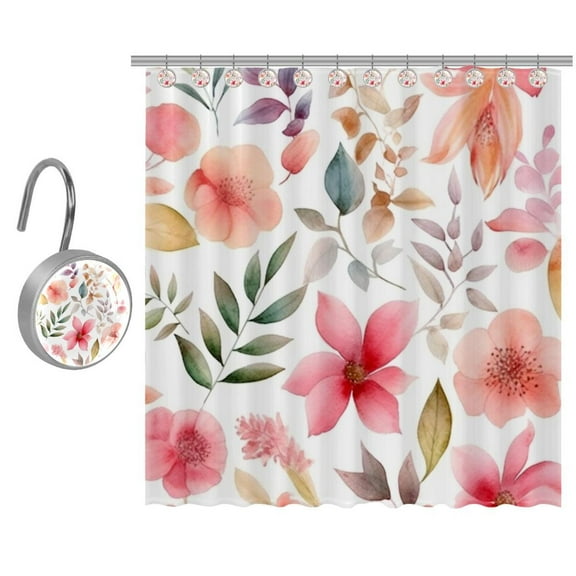Pink Flowers with Leaves Shower Curtain for Bathroom