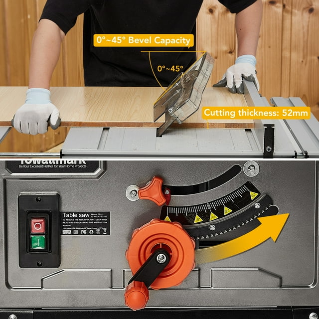 10" Wood Cutting Table Saw Machine - 15A, 5000 RPM with Adjustable Blade Height & Bevel for Precise Cuts