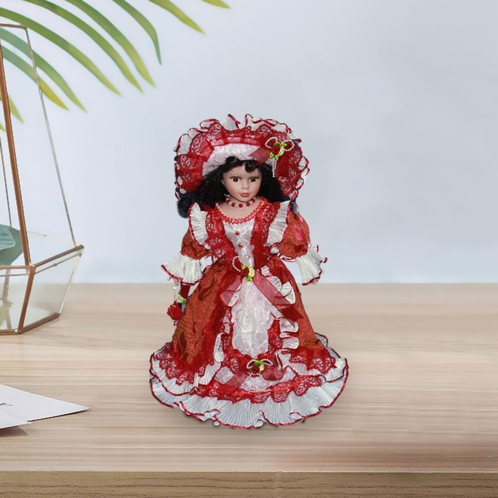 LeeQinersw 40cm Beautiful Curly Hair Collectible Ceramic Doll Dollhouse Lady with Dress for Red