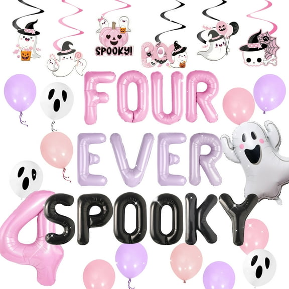 Halloween 4th Birthday Decorations Cute Pink Purple Theme Party Supplies Set
