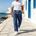 thumbnail image 4 of Mens Jeans Washed Denim Wide Leg Trousers Drawstring Elastic Waist Straight Leg Pants Loose Fit Casual Denim Pants, 4 of 6