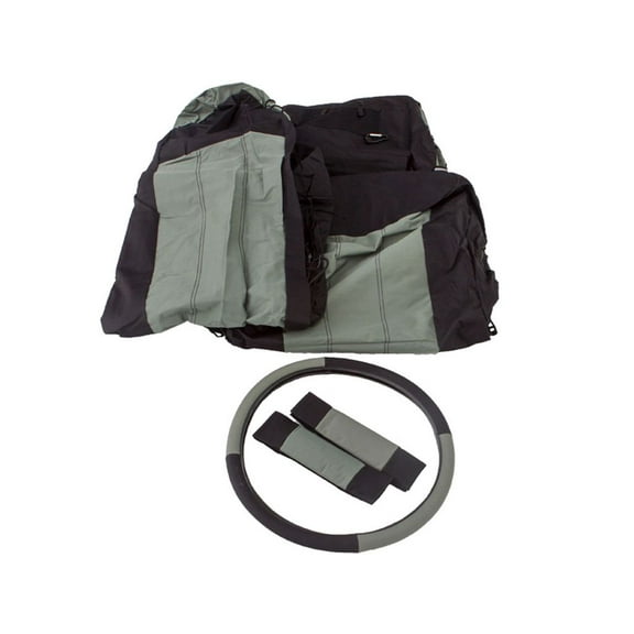 Rampage by RealTruck Front Seat Covers, Belt Pads and Steering Wheel Cover | Black/Grey Polycanvas | 5056521 | Compatible with 1997 - 2002 Jeep Wrangler TJ
