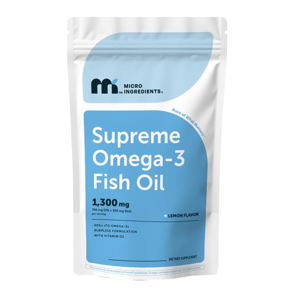 Micro Ingredients Supreme Omega-3 Fish Oil w/Ultra High EPA & DHA, Burpless Softgels | rTG Omega-3 with Vitamin D3 | Wild-Caught Cold Deep-Sea Water | Lemon Flavor, Easy to Swallow, 45 Softgels