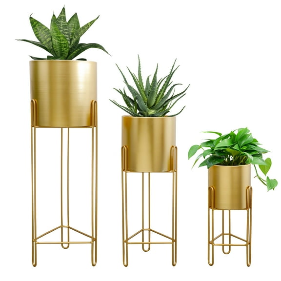 Set of 3 Large Planters with Stand Gold Planter for Indoor Plants 29 &22 &12" Tall Morden Metal Plant Pots