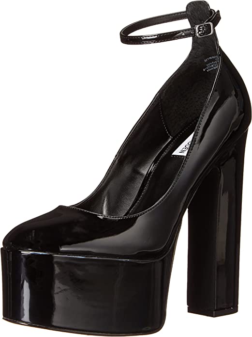 Steve Madden Skyrise Black Patent Block Heel Almond Toe Ankle Strap
