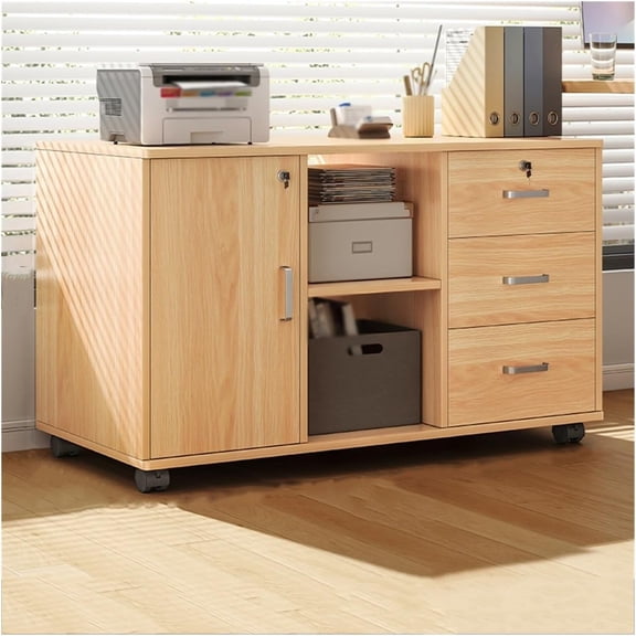 Archivador con 3 Cajones y Puerta con Cerrojo,Multifunción Gabinete de Almacenamiento,Mueble Organizador Bajo Escritorio para Impresora, Estantes Ajustables,Oficina en Casa, 90x34x59cm