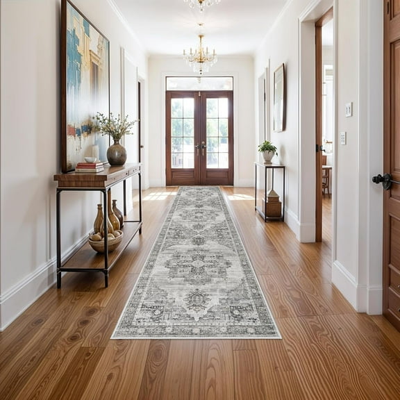RUUGME Hallway 3x12 Runner Rugs - Boho Rugs for Living Room Stain Resistant Vintage Carpet Tribal Rugs for Bedroom Kitchen Bathroom Non Slip Backing Decor Floor Decoration Mat 3x12 Grey