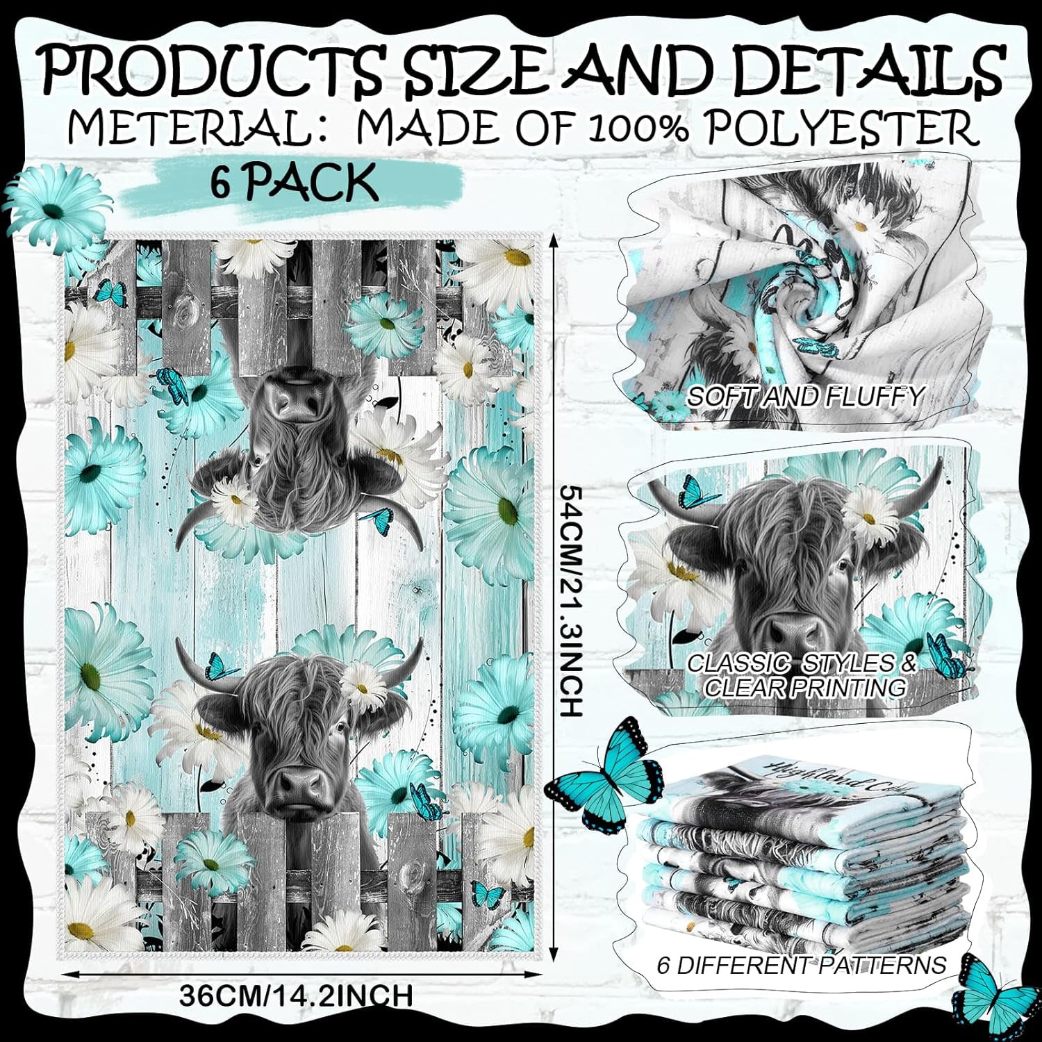 Set of 6 Highland Cattle Kitchen Towels Highland Cow Vintage Themed Dish Towel Bathroom Decorative Rustic Cloths for Kitchen Bathroom Home Cooking Housewarming Gifts, 14 x 21 Inch