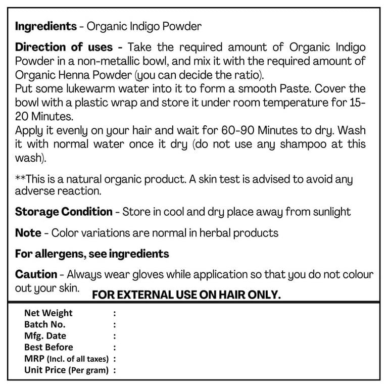 Just Jaivik 100% Organic Indigo Powder - 227 gms / 1/2 LB Pound / 08 Oz -  Indigofera Tinctoria- A 100% Organic Hair Dye - Color your hair dark brown  to black with Henna 