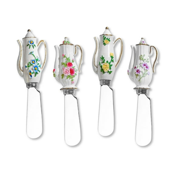 Mr. Spreader 4-Piece Tea Time Hand Painted Resin Handle with Stainless Steel Blade Cheese Spreader/Butter Spreader Knife, Assorted